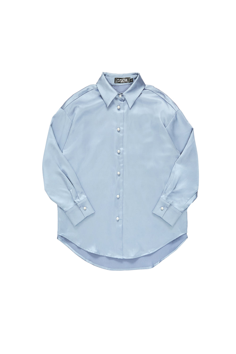 Pearl button satin shirt-grey blue